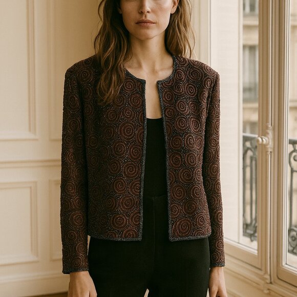 Niteline Jackets & Blazers - Niteline Evening Vintage Jacket 100% Silk Beaded Cropped Brown SZXL Evening Wear